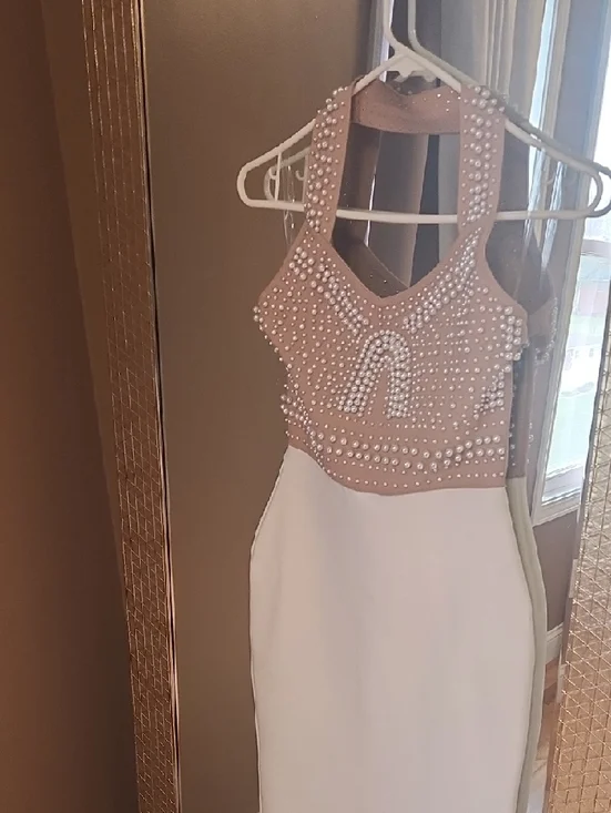 Beaded Halter Crop Top with White Midi Skirt - BELLABARNETT - Picture 3 of 7